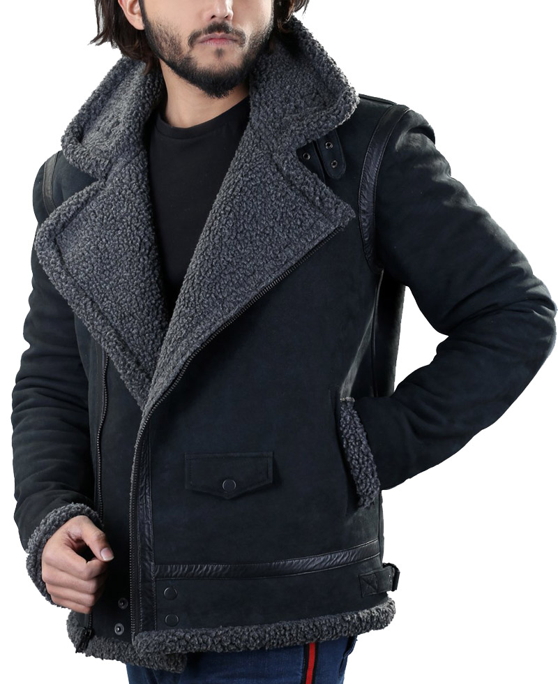 Men's Winter WFJ013 Grey Shearling Black Leather Jacket Men's Winter WFJ013 Grey Shearling Black Leather Jacket - Image 4