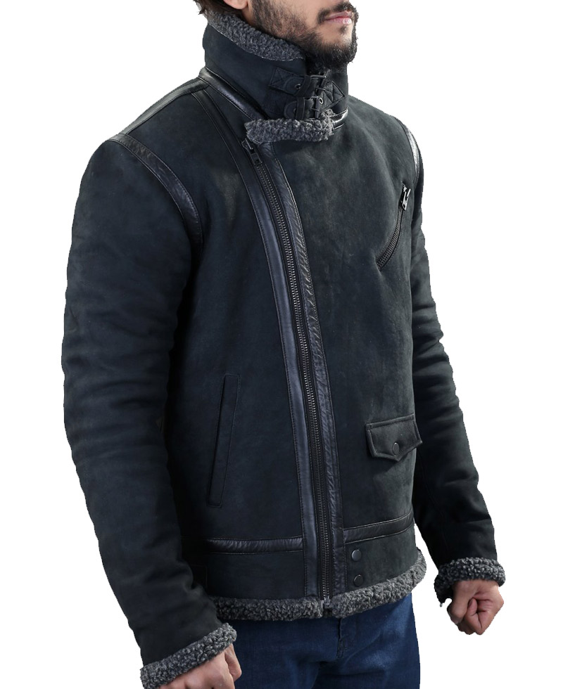 Men's Winter WFJ013 Grey Shearling Black Leather Jacket Men's Winter WFJ013 Grey Shearling Black Leather Jacket - Image 5