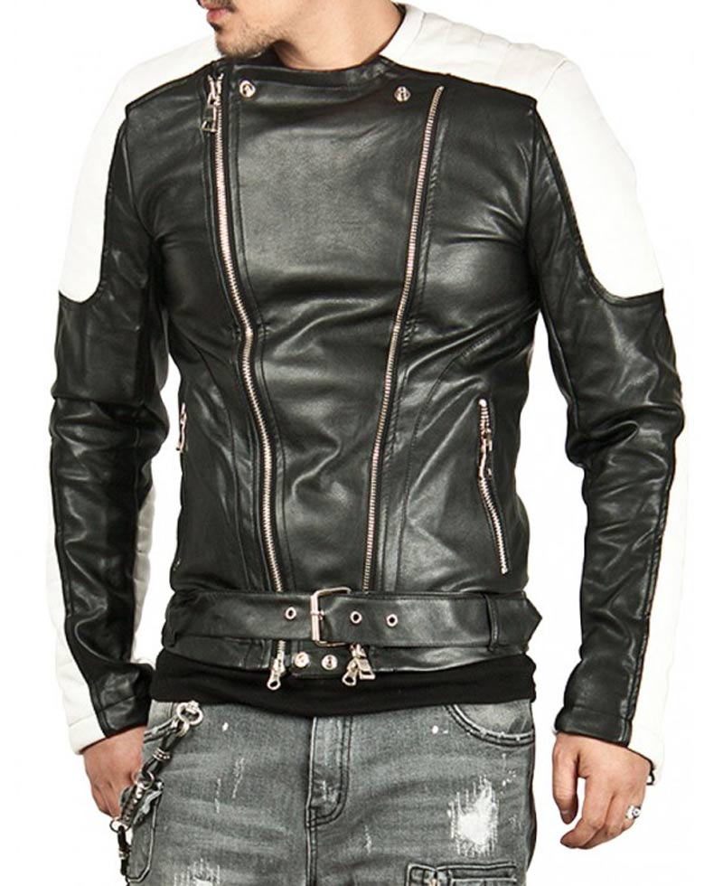 Men's White Padded Design Black Leather Biker Jacket