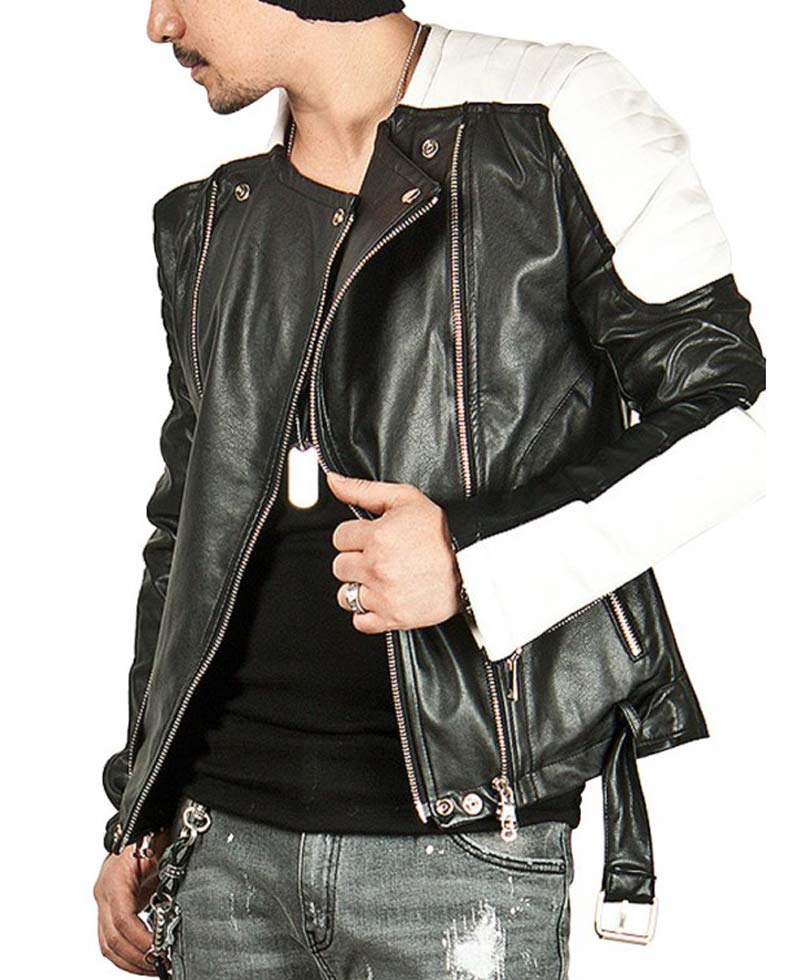 Men's White Padded Design Black Leather Biker Jacket Men's White Padded Design Black Leather Biker Jacket - Image 3