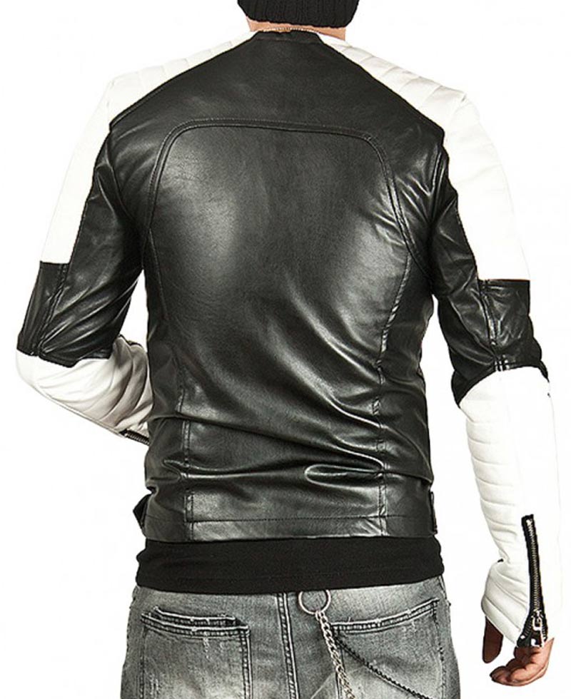 Men's White Padded Design Black Leather Biker Jacket Men's White Padded Design Black Leather Biker Jacket - Image 2