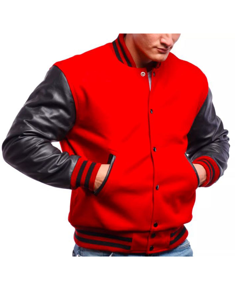 Men's Varsity Black Leather and Wool Red Jacket Men's Varsity Black Leather and Wool Red Jacket - Image 2