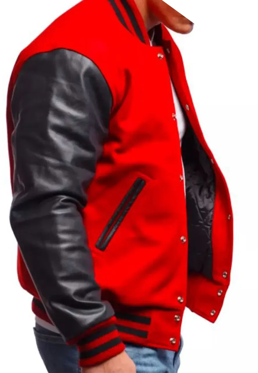 Men's Varsity Black Leather and Wool Red Jacket Men's Varsity Black Leather and Wool Red Jacket - Image 3