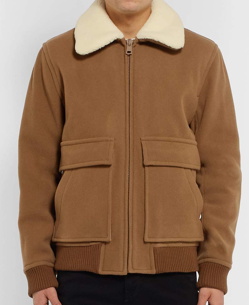 Men's Wool Brown Bomber Jacket with Fur Collar