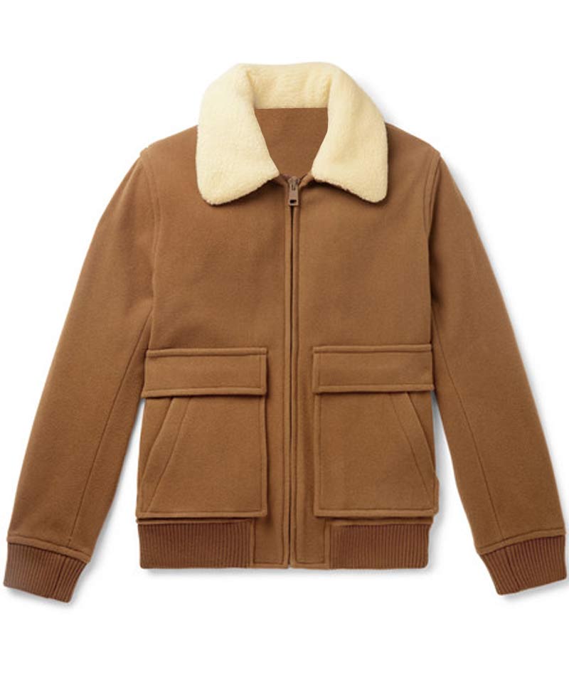 Men's Wool Brown Bomber Jacket with Fur Collar Men's Wool Brown Bomber Jacket with Fur Collar - Image 3