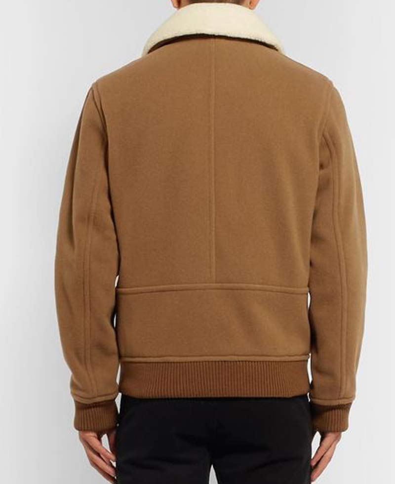 Men's Wool Brown Bomber Jacket with Fur Collar Men's Wool Brown Bomber Jacket with Fur Collar - Image 4