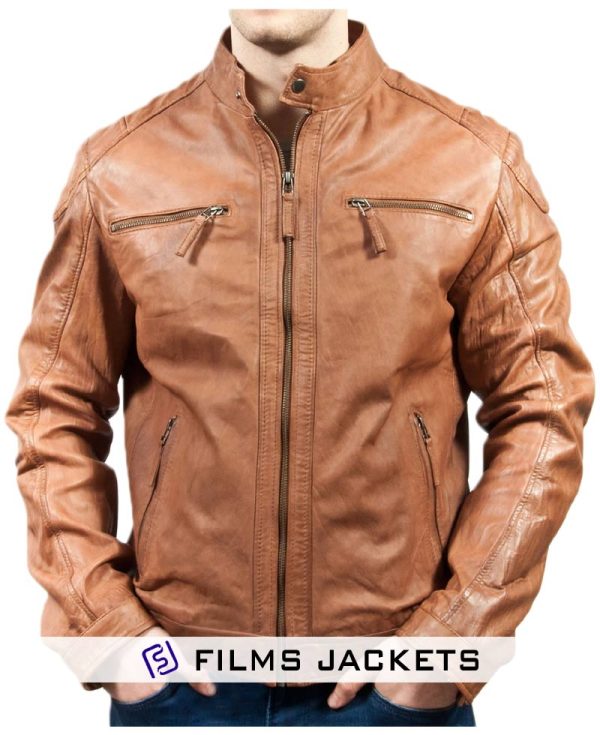 Men's Motorcycle Zipper Pockets Tan Leather Jacket