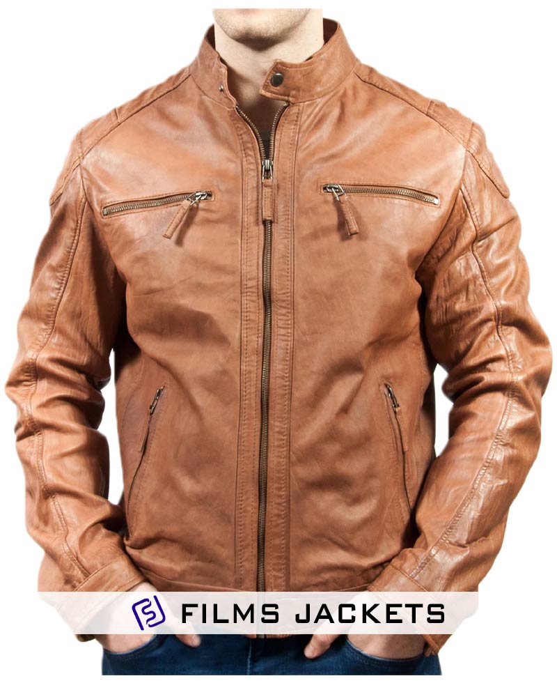 Men's Motorcycle Zipper Pockets Tan Leather Jacket