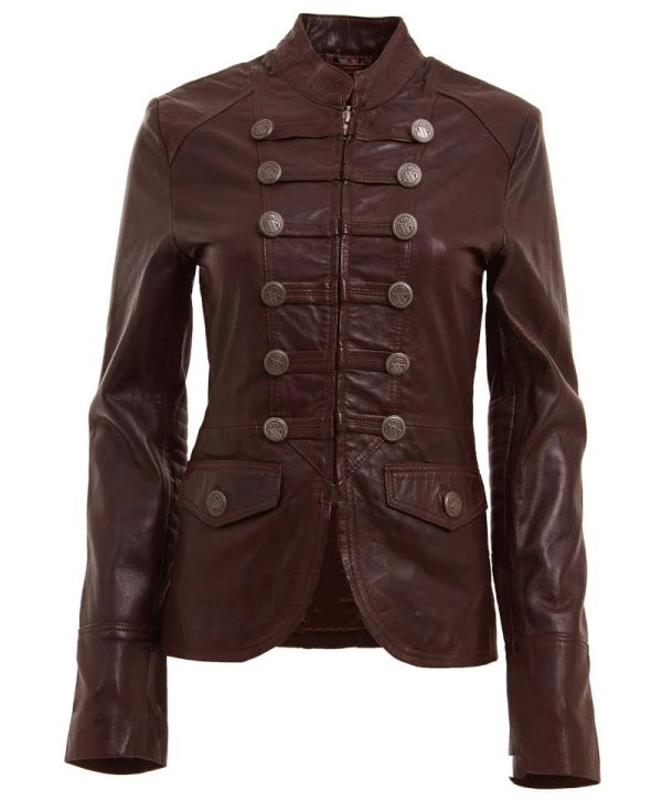 Women's Military Style Brown Leather Blazer Jacket