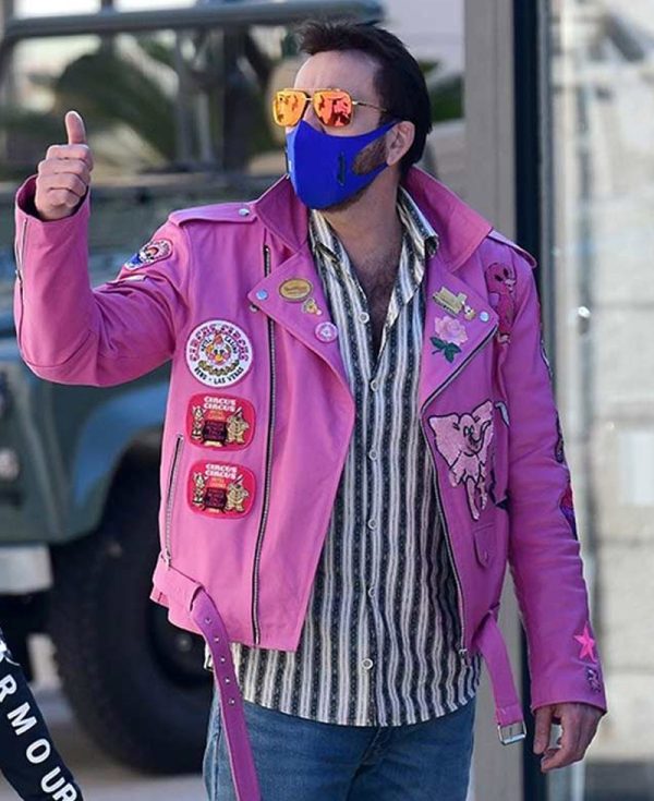 Nicolas Cage Hot Pink Leather Jacket with Patches