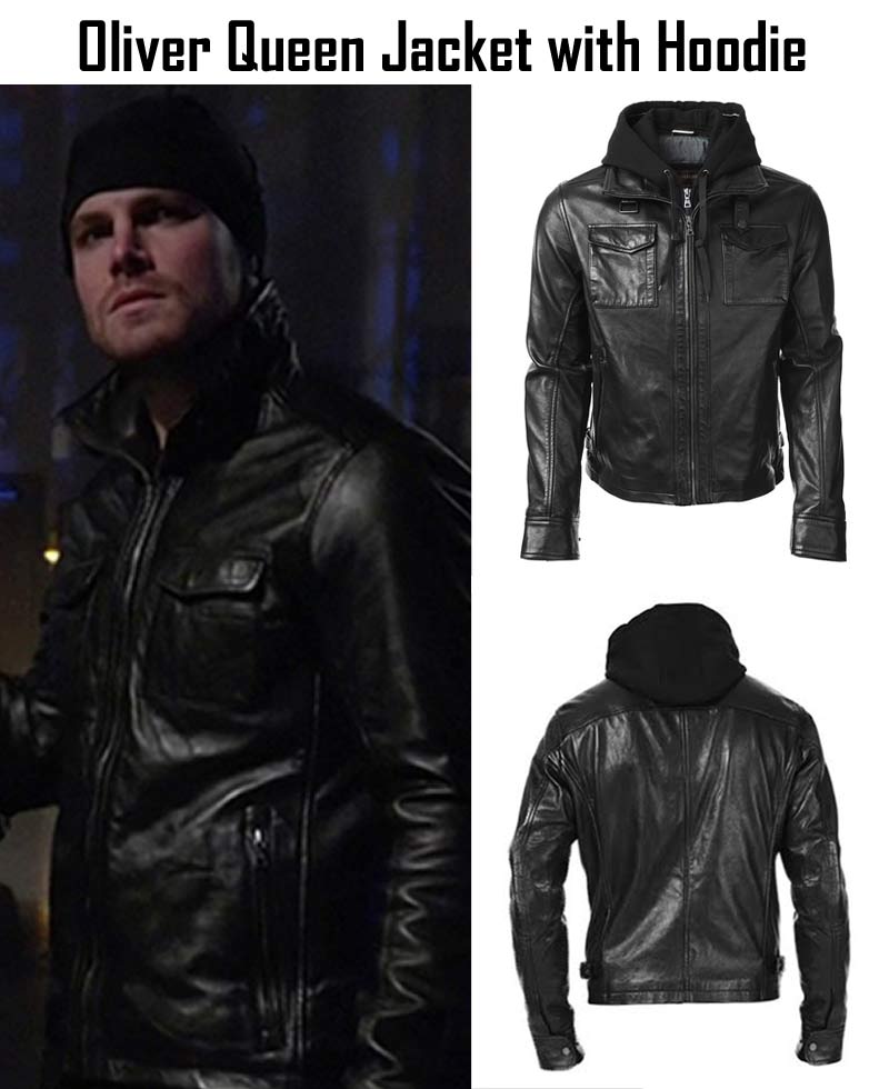 Oliver Queen Black Leather Jacket with Hood oliver queen leather jacket with hoodie