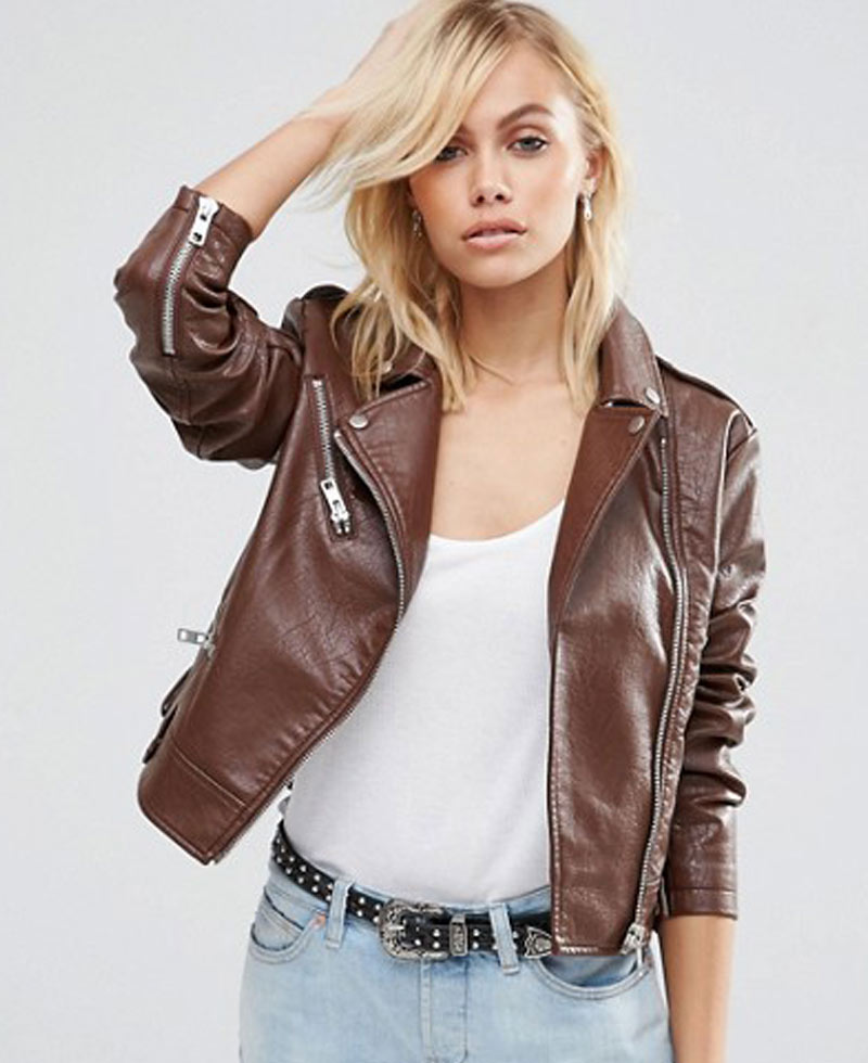 Women's Pembroke Brown Leather Motorcycle Jacket Women's Pembroke Brown Leather Motorcycle Jacket - Image 4