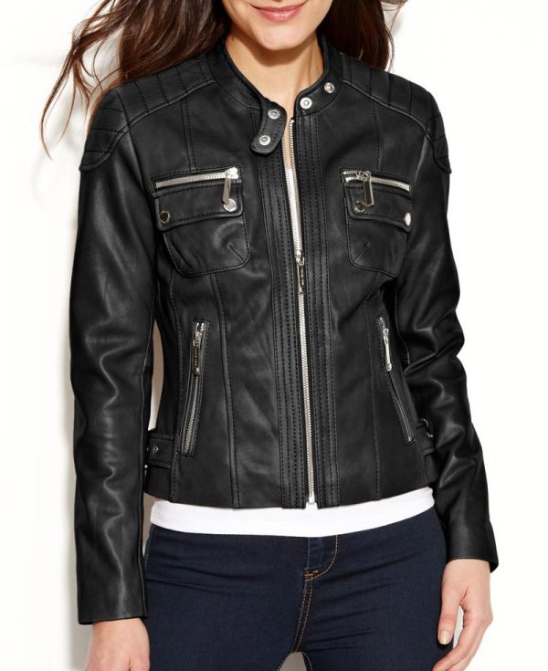 Women's Petite Quilted Black Leather Biker Jacket