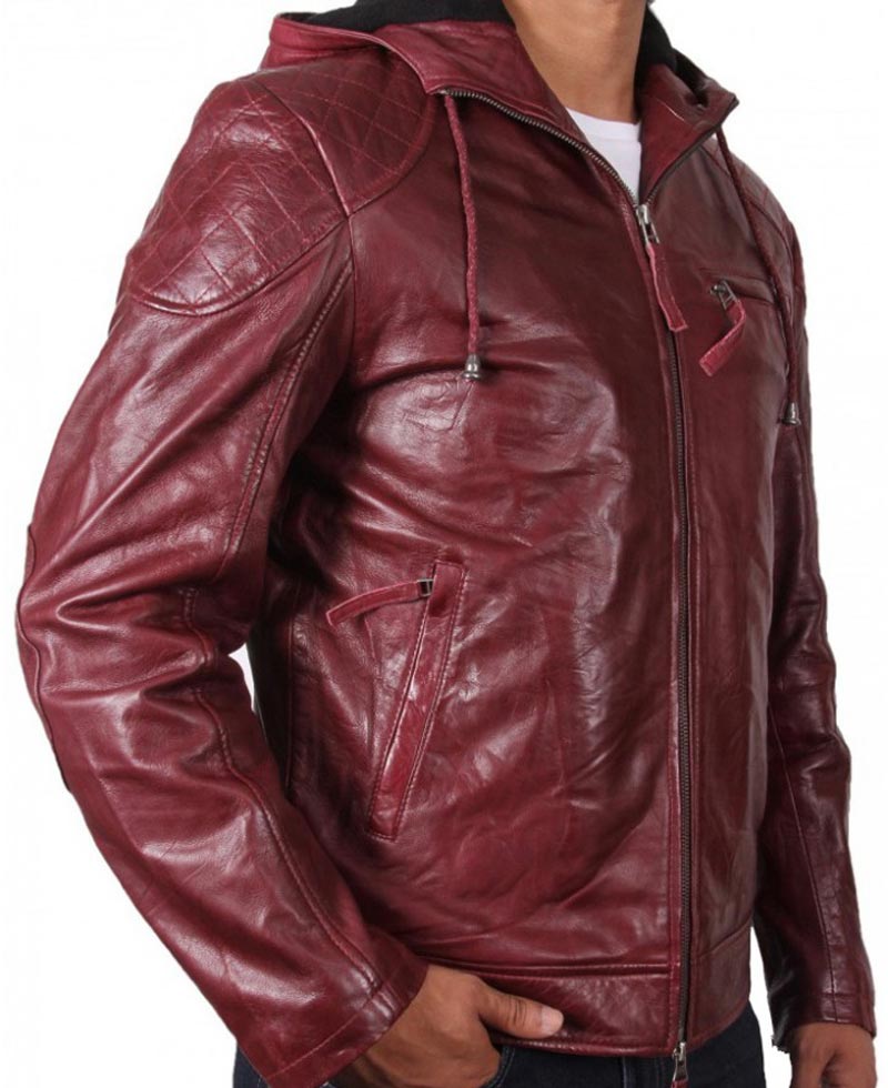 Men's Quilted Shoulder Burgundy Leather Hoodie Men's Quilted Shoulder Burgundy Leather Hoodie - Image 3