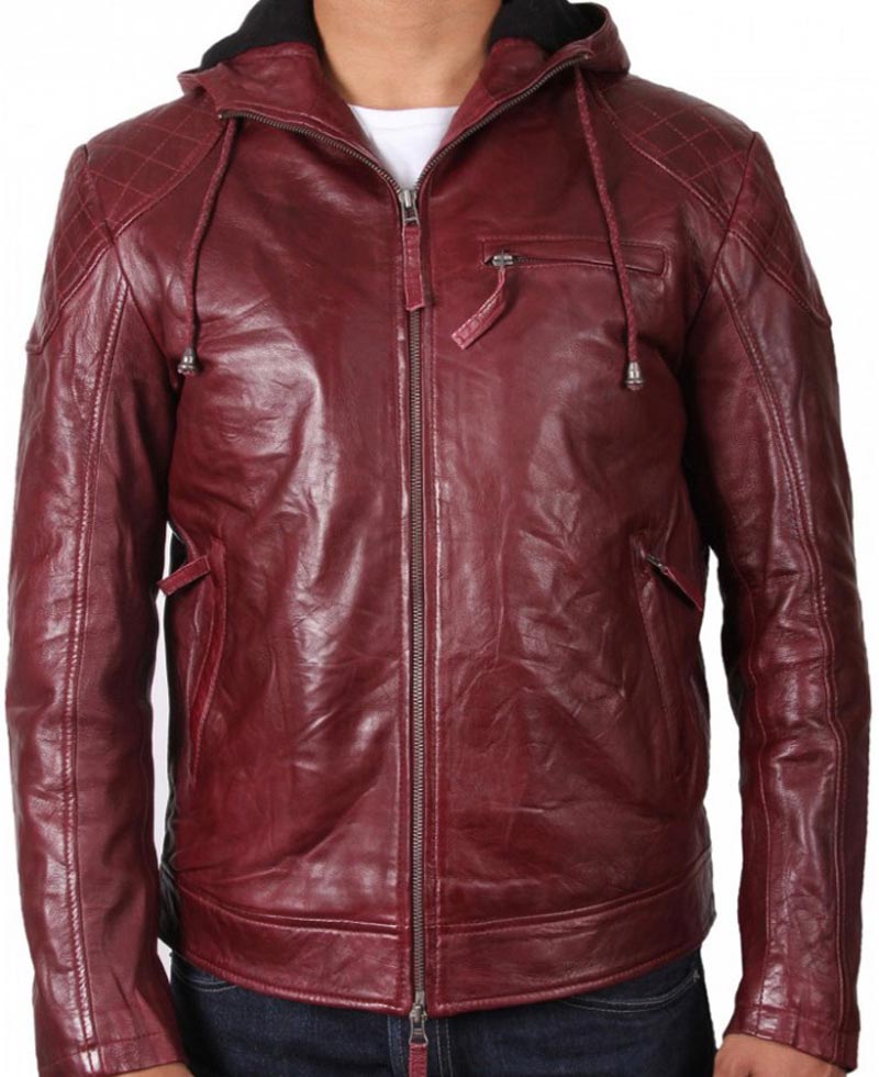 Men's Quilted Shoulder Burgundy Leather Hoodie Men's Quilted Shoulder Burgundy Leather Hoodie