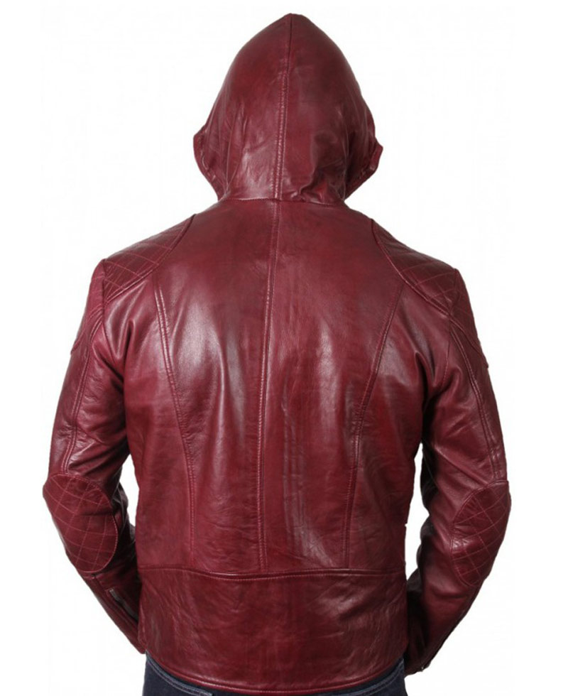Men's Quilted Shoulder Burgundy Leather Hoodie Men's Quilted Shoulder Burgundy Leather Hoodie - Image 2