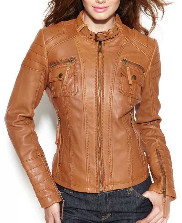 Women's Motorcycle Buckle Collar Quilted Leather Jacket