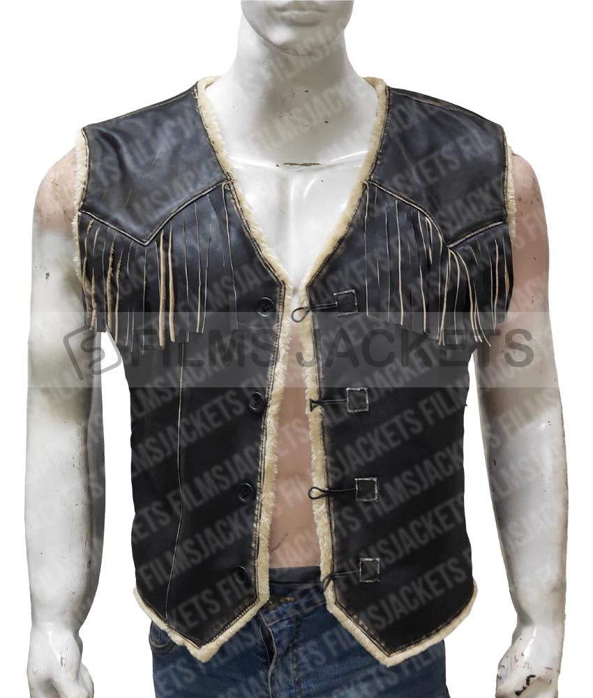 RDR2 Arthur Morgan Shearling Fringe Leather Vest black leather fringe vest