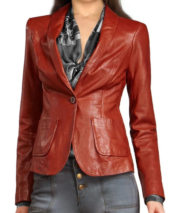 Women's Single Buttoned Closure Red Leather Blazer