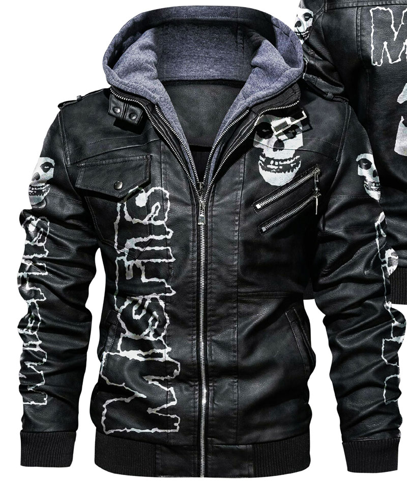 Men's Misfits Bomber Leather Jacket skull misfits jacket hood