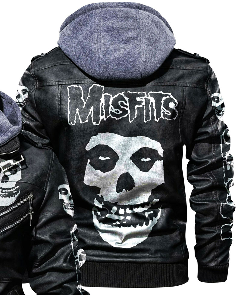 Men's Misfits Bomber Leather Jacket skull misfits jacket with hood