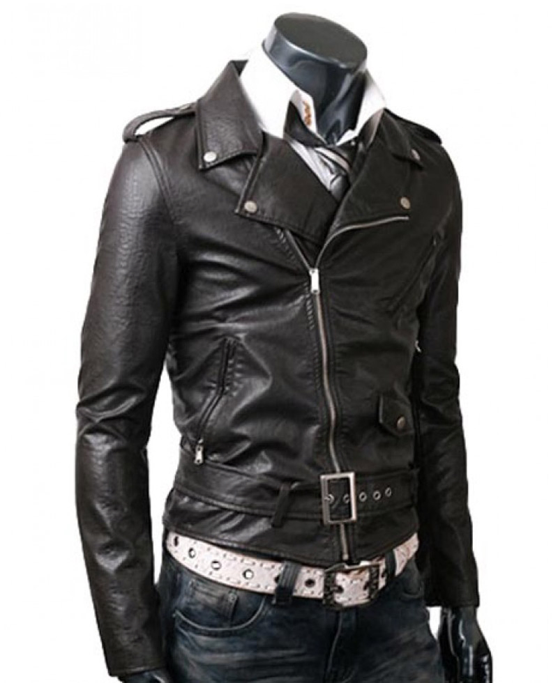 Men's Asymmetrical Zipper Biker Style Black Leather Jacket Men's Asymmetrical Zipper Biker Style Black Leather Jacket - Image 3