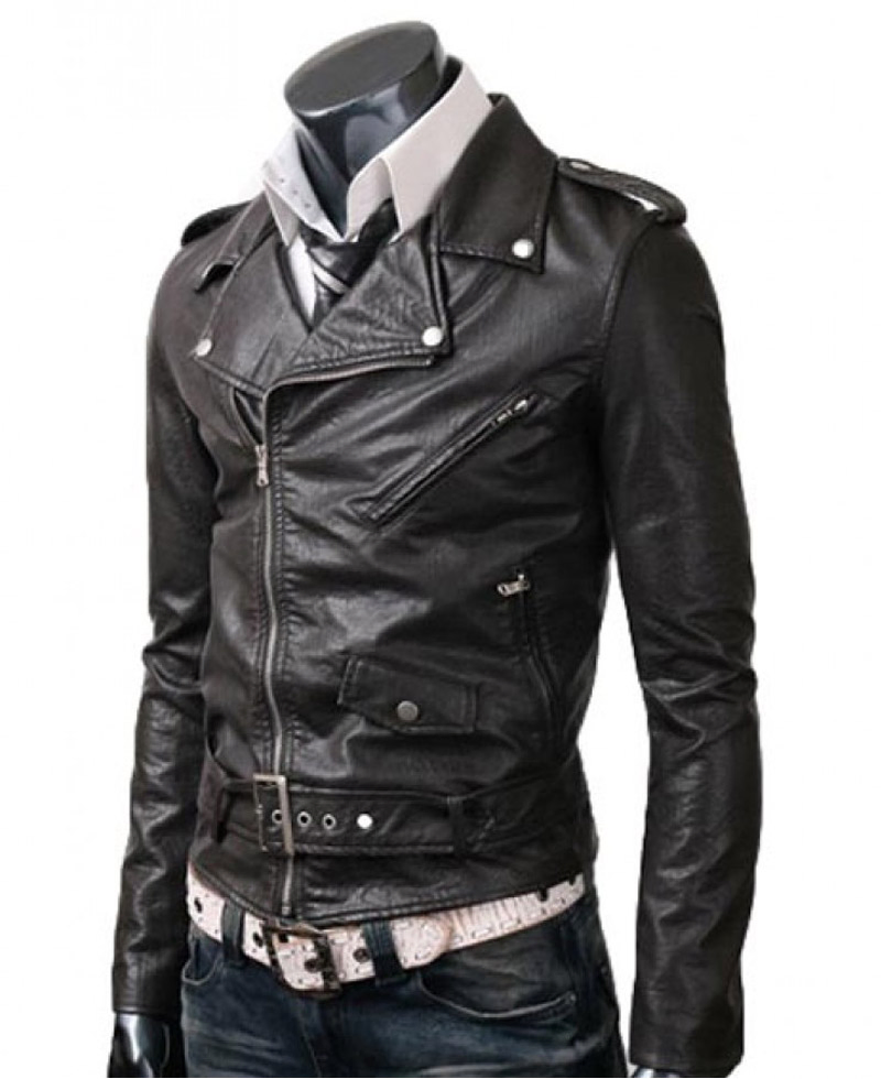 Men's Asymmetrical Zipper Biker Style Black Leather Jacket Men's Asymmetrical Zipper Biker Style Black Leather Jacket - Image 2