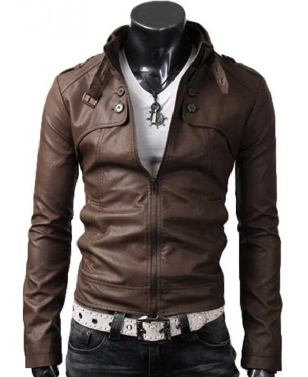 Men's Belted Buckle Collar Slim Fit Brown Leather Jacket