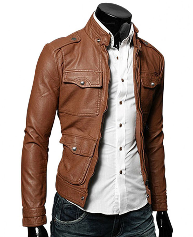 Men's Bomber Style Slim Fit Tan Brown Faux Leather Jacket Men's Bomber Style Slim Fit Tan Brown Faux Leather Jacket - Image 2