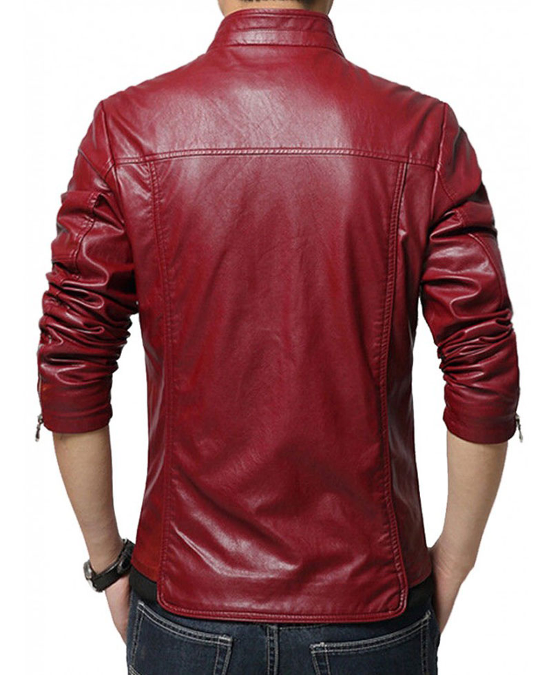Men's Designer Style Slim Fit Red Faux Leather Jacket Men's Designer Style Slim Fit Red Faux Leather Jacket - Image 2