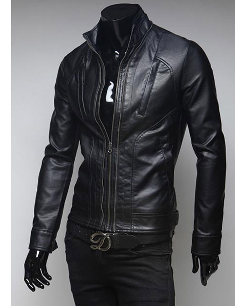 Men's Pockets Design Stand Collar Slim Fit Black Jacket