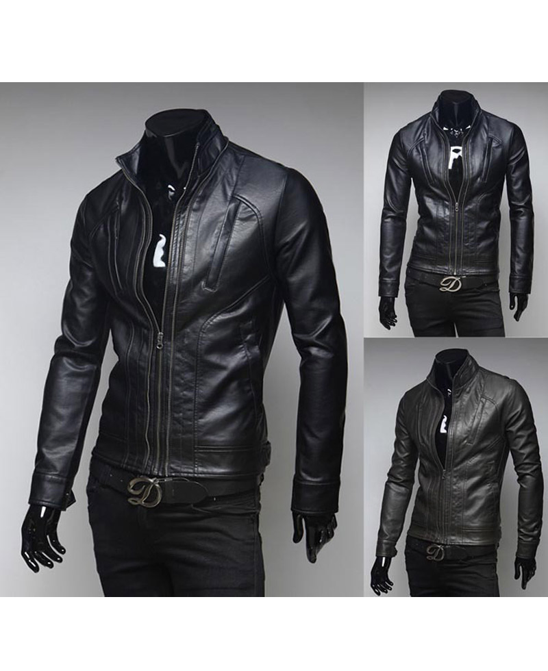 Men's Pockets Design Stand Collar Slim Fit Black Jacket Men's Pockets Design Stand Collar Slim Fit Black Jacket - Image 3