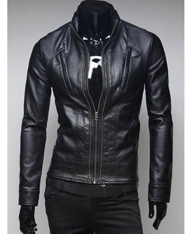 Men's Pockets Design Stand Collar Slim Fit Black Jacket Men's Pockets Design Stand Collar Slim Fit Black Jacket - Image 2