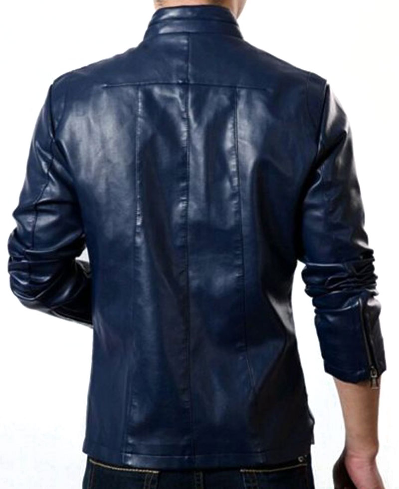 Men's Stand Collar Slim Fit Blue Jacket Men's Stand Collar Slim Fit Blue Jacket - Image 2