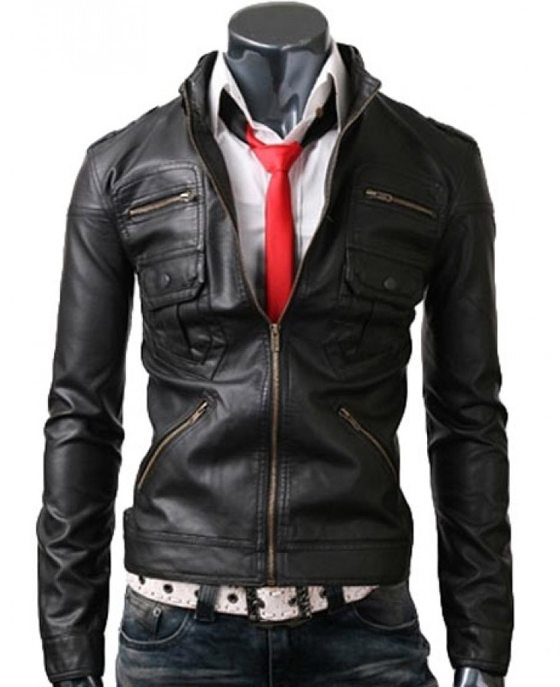 Men's Zipper Pocket Slim Fit Black Jacket