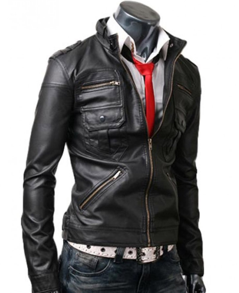 Men's Zipper Pocket Slim Fit Black Jacket Men's Zipper Pocket Slim Fit Black Jacket - Image 2