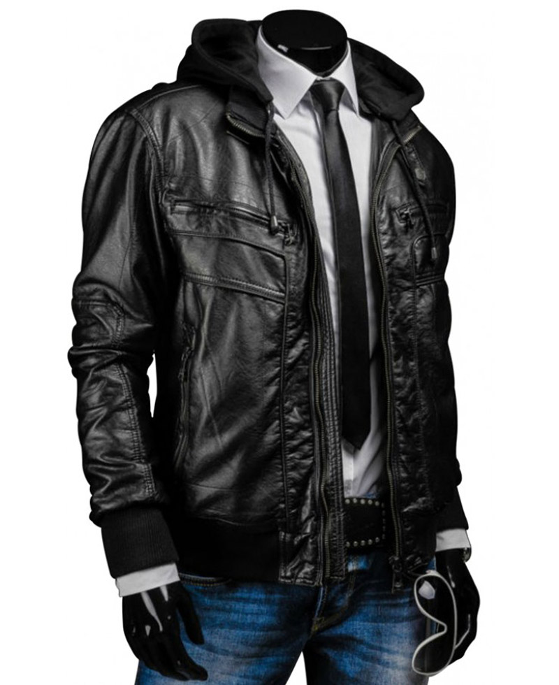 Slim Fit Black Leather Jacket With Hood for Men Slim Fit Black Leather Jacket With Hood for Men - Image 3
