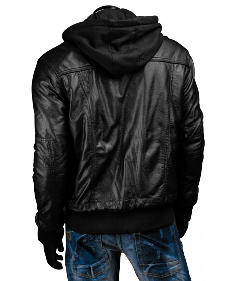 Slim Fit Black Leather Jacket With Hood for Men Slim Fit Black Leather Jacket With Hood for Men - Image 2