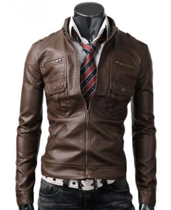 Slim Fit Men's Zipper Pocket Leather Jacket