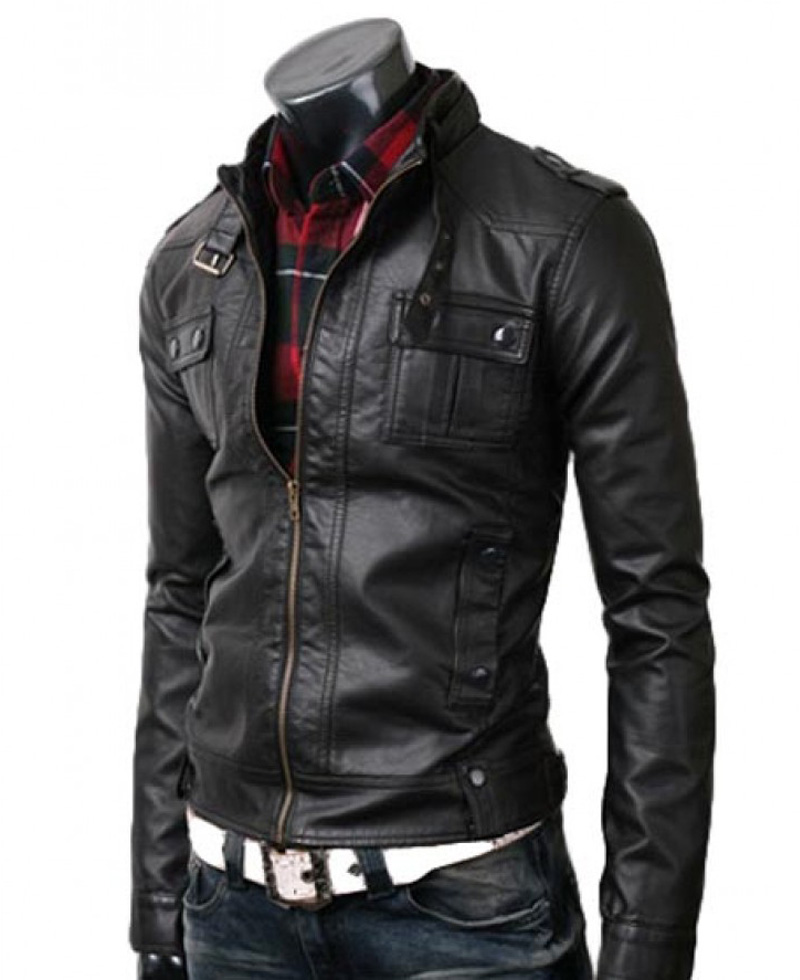 Strap Collar Slim Fit Black Leather Jacket for Men Strap Collar Slim Fit Black Leather Jacket for Men - Image 2
