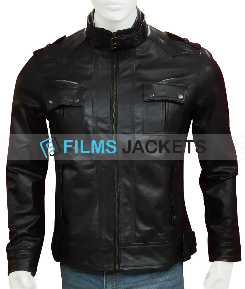 Strap Collar Slim Fit Black Leather Jacket for Men Strap Collar Slim Fit Black Leather Jacket for Men - Image 3