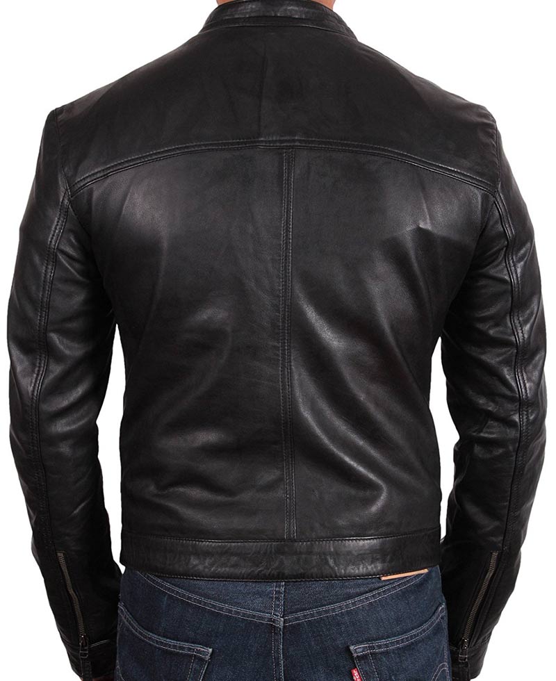 Men's Snap Button Black Leather Moto Jacket Men's Snap Button Black Leather Moto Jacket - Image 2