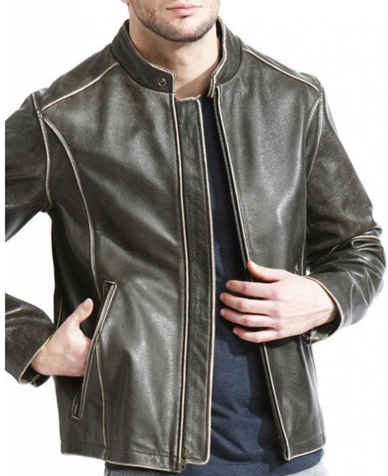 Men's Snap Tab Collar Brown Leather Biker Jacket Men's Snap Tab Collar Brown Leather Biker Jacket - Image 3