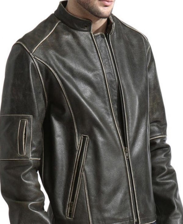 Men's Snap Tab Collar Brown Leather Biker Jacket