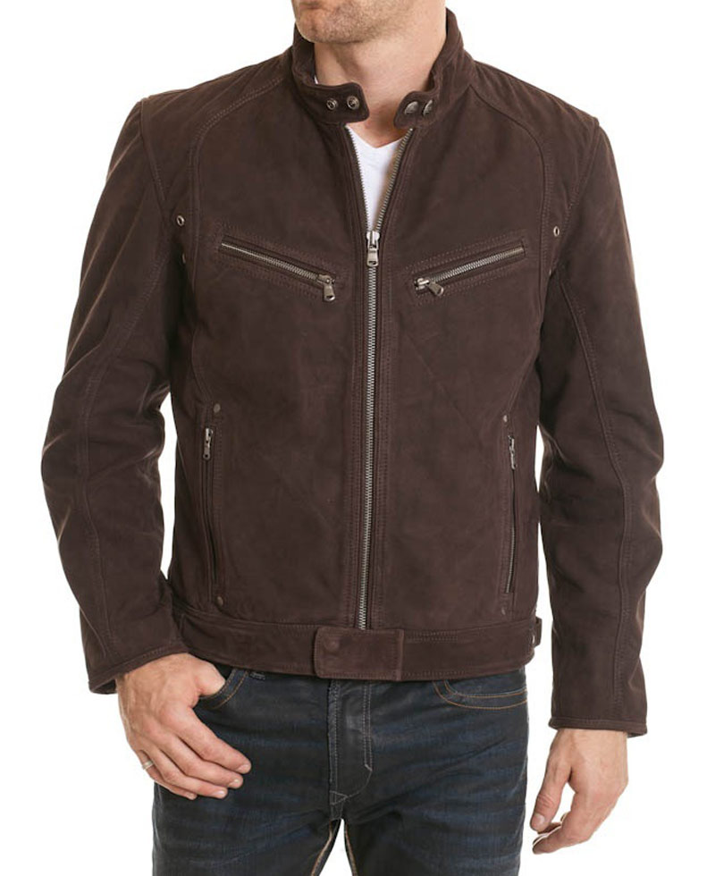 Snap Tab Collar Men's Suede Brown Jacket