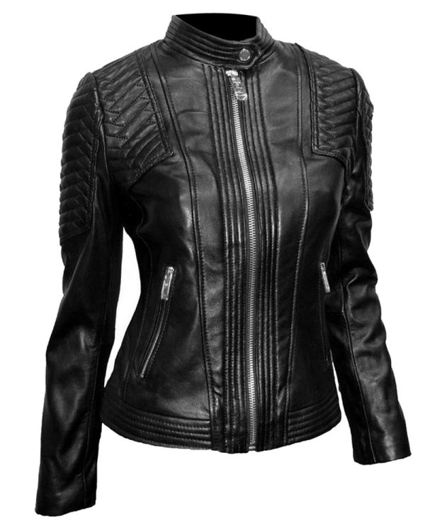 Women's Snap Tab Collar Black Quilted Leather Moto Jacket