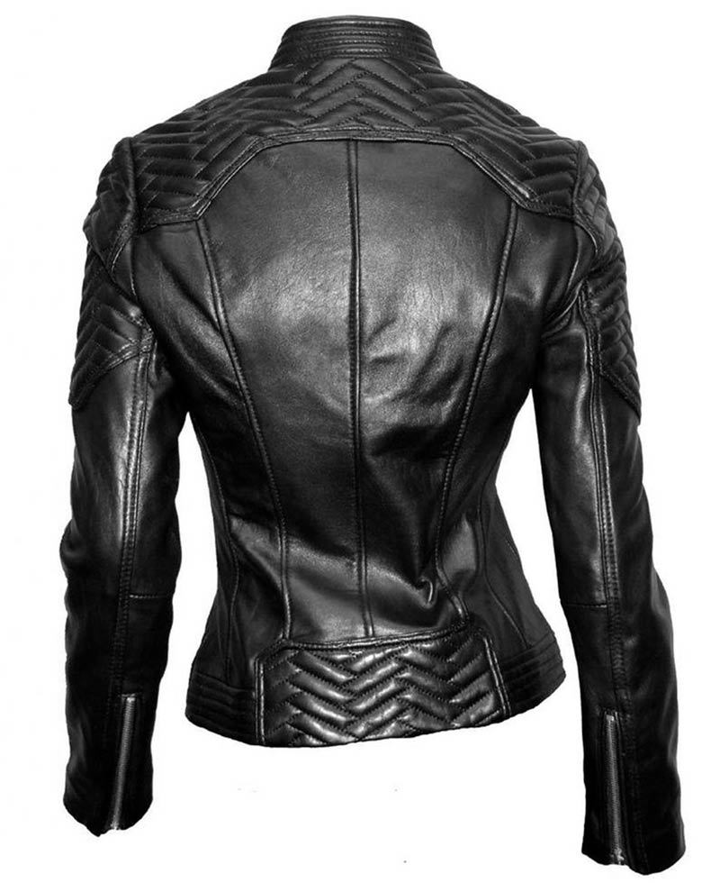 Women's Snap Tab Collar Black Quilted Leather Moto Jacket Women's Snap Tab Collar Black Quilted Leather Moto Jacket - Image 2