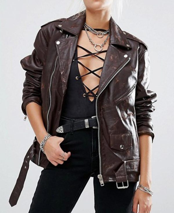 Women's Springfield Belted Brown Motorcycle Jacket