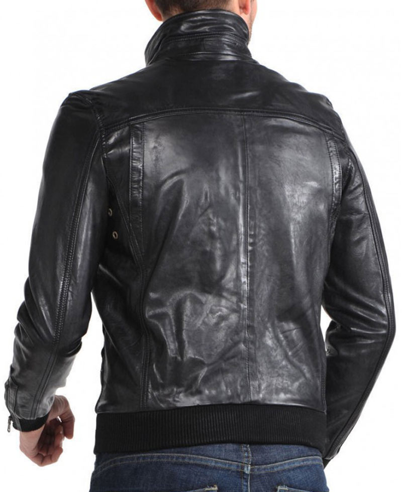 Men's Designer Stand Collar Black Leather Bomber Jacket Men's Designer Stand Collar Black Leather Bomber Jacket - Image 2