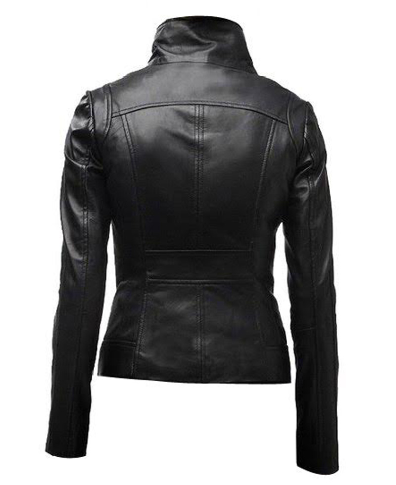 Women's Casual Stand Collar Black Leather Jacket Women's Casual Stand Collar Black Leather Jacket - Image 2